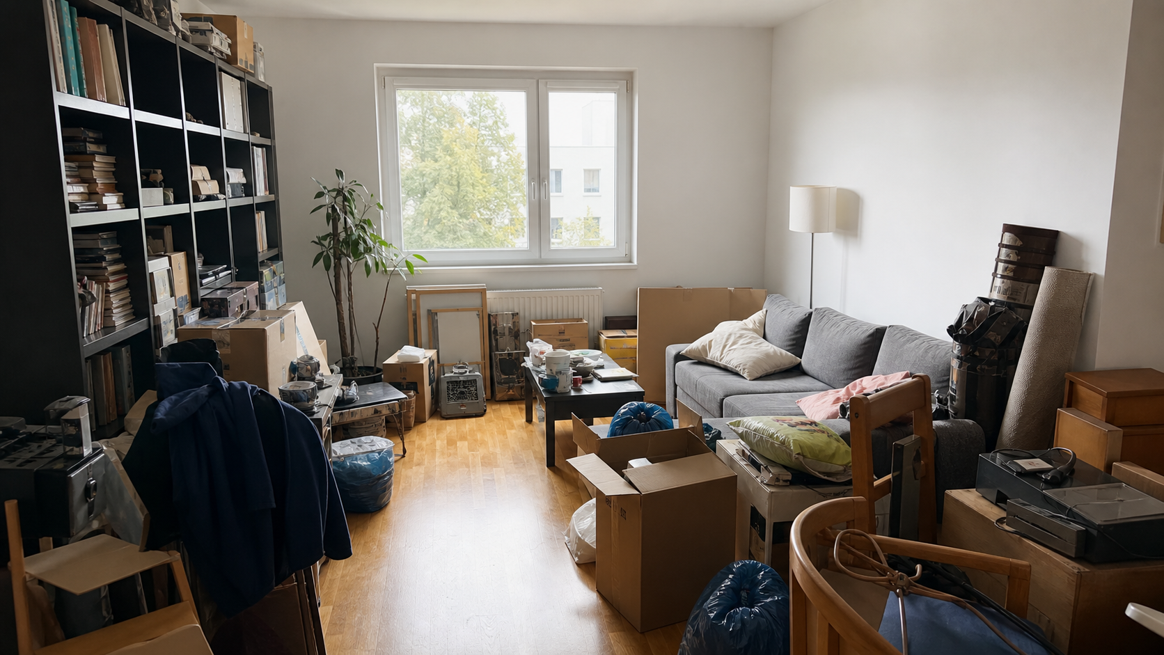 Wohnzimmer vor einer Entrümpelung mit Kartons und Gegenständen
